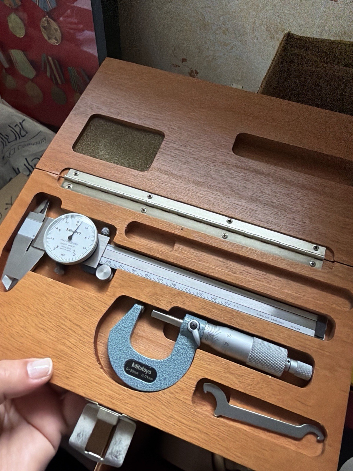 Mitutoyo 103-137 Micrometer & Dial Caliper Measuring Tools Set, Wooden Case