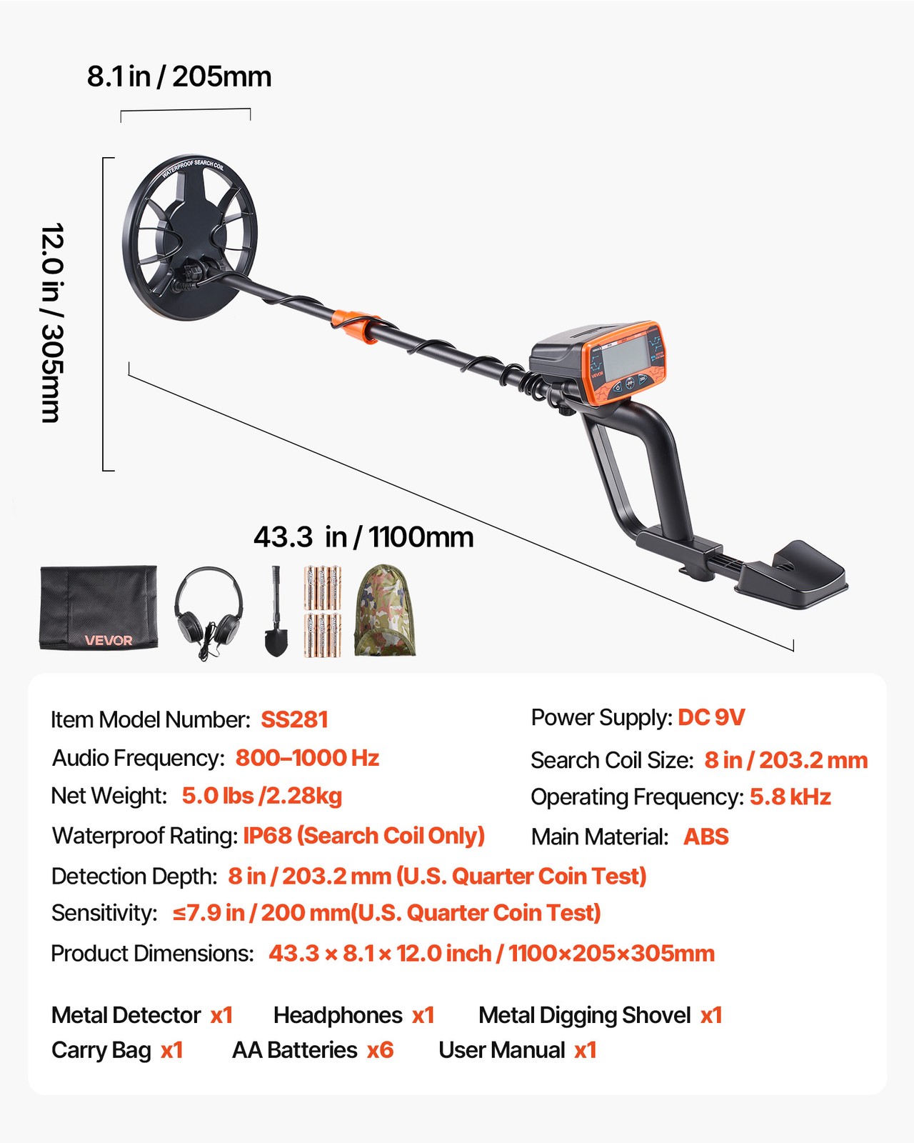 VEVOR Metal Detector for Adults 8″ Professional Gold Detector Waterproof Coil