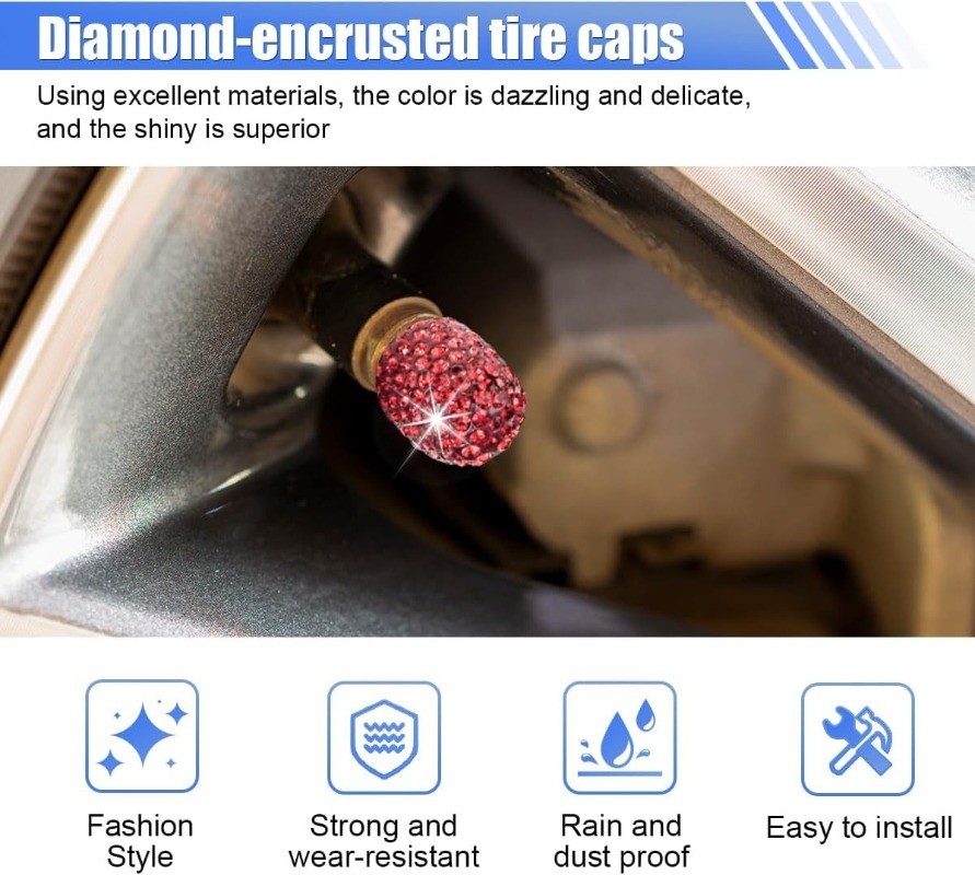 4PCS Crystal Rhinestone Tire Valve Caps, Handmade Dustproof Stem Co Color: Red