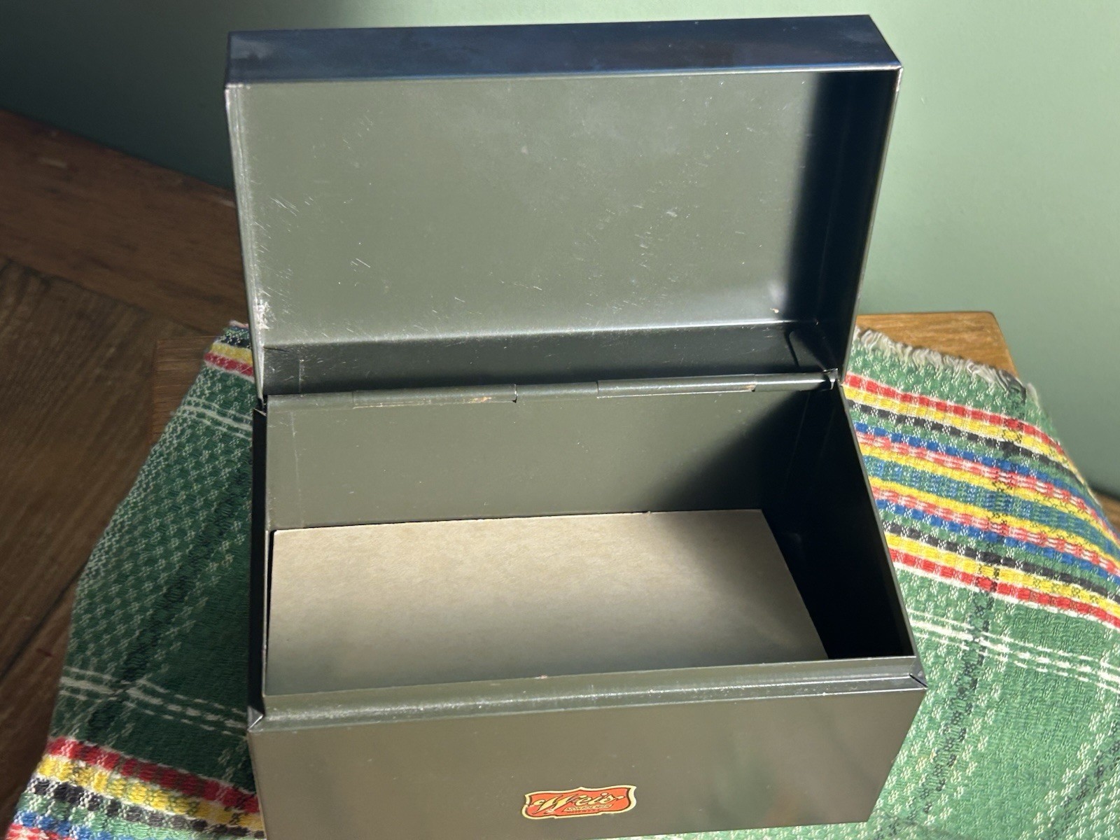 vintage small dark green WEIS metal file card office recipe BOX 5.5×3.25×3.5″