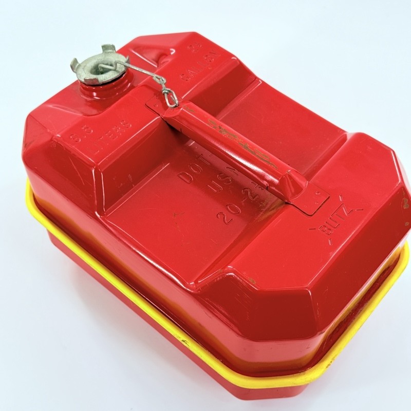 Vintage Blitz 2.5 Gallon Spare Fuel Tank Gas Can Red Metal w/ Yellow Tray