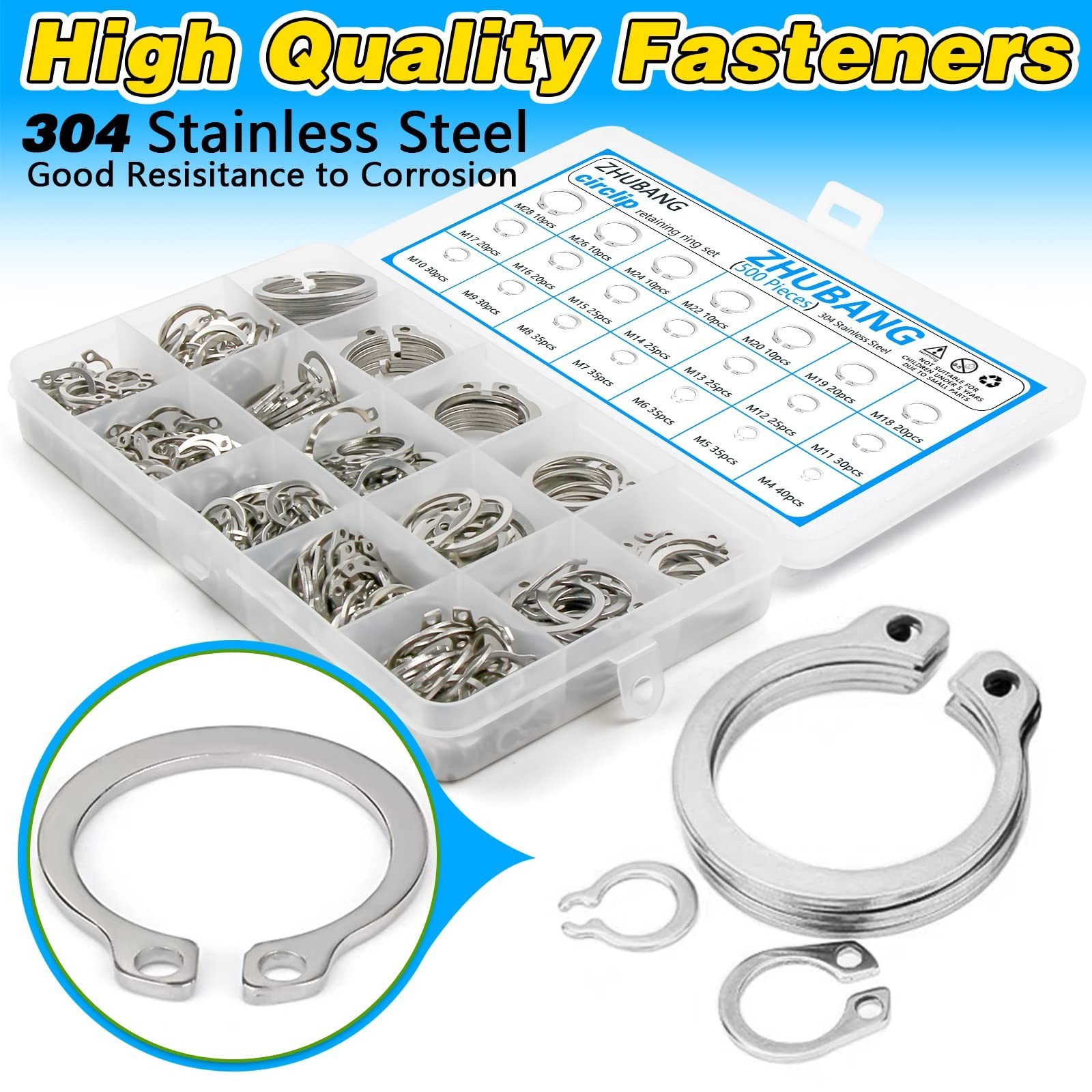 800Pcs C-Clip & E-Clip Assortment Kit, Snap Rings, 304 Stainless Steel + Plier S