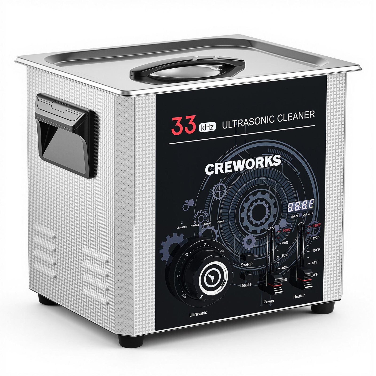 CREWORKS 33kHz 10L Ultrasonic Cleaner w Degas Gentle Mode Built-in Drain Valve