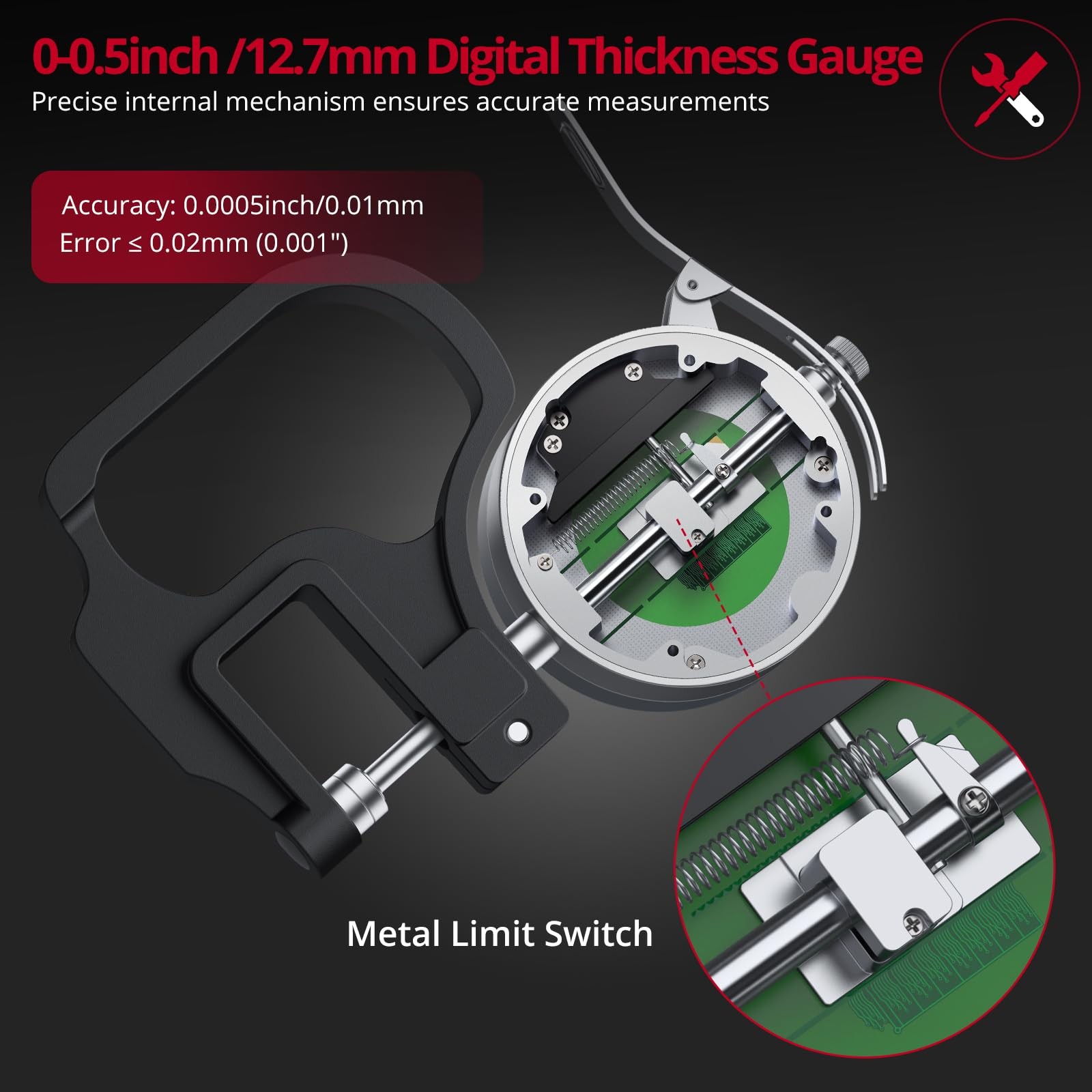 XUNTOP Digital Thickness Gauge 0.5inch/0.0005inch(12.7mm/0.01mm) Thickness Me…