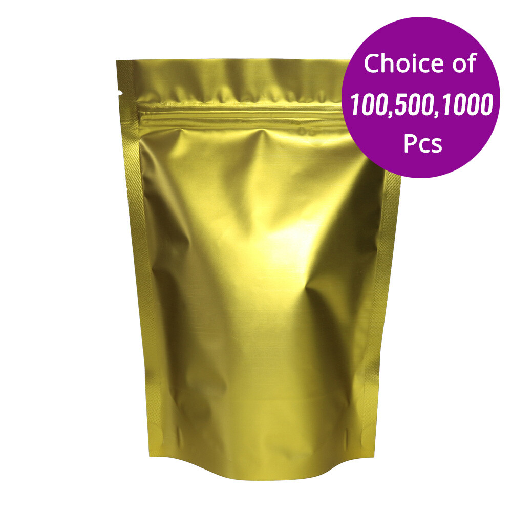 5.5×7.75in Two Sided Gold Foil Mylar Stand Up Zip Lock Bag w/ Heat Seal Machine