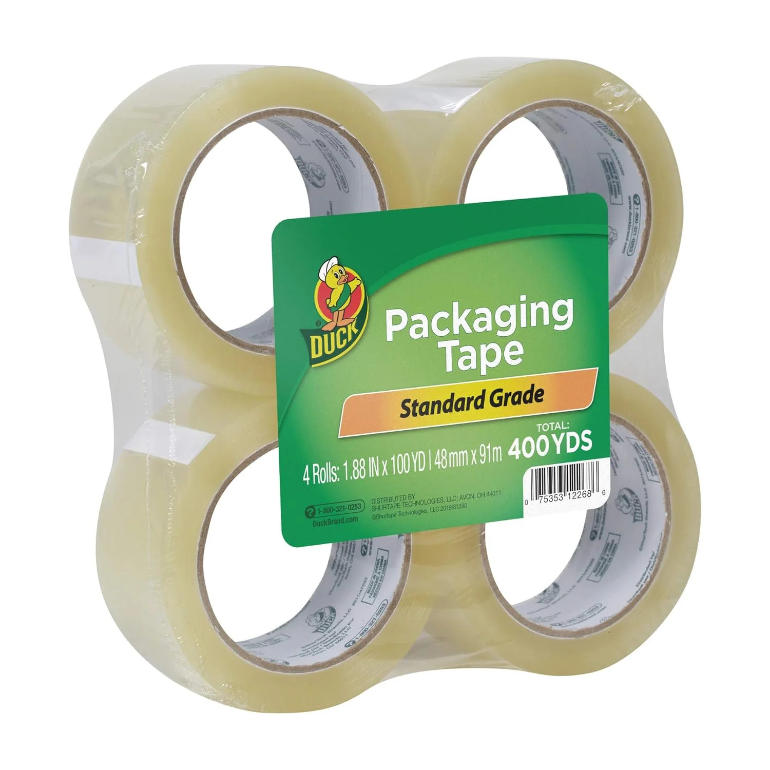 Duck Tape Brand Standard Packaging Tape Refill, 4 Rolls, 1.88 Inch x 100 Yards