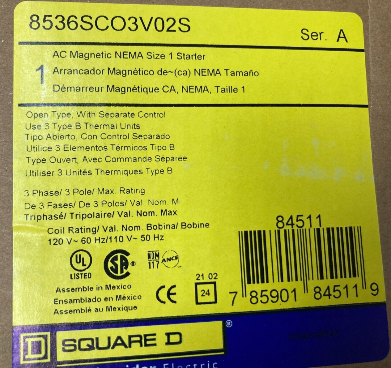 Square D 8536SCO3V02S AC Magnetic NEMA Size 1 Starter – NEW