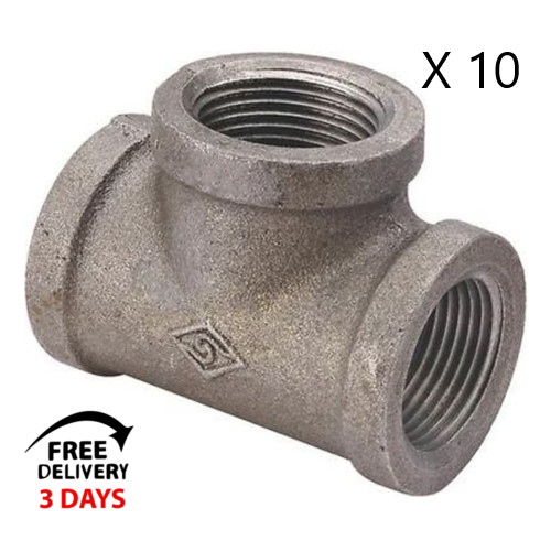 LOT OF (10) 1 INCH BLACK MALLEABLE IRON PIPE THREADED TEE FITTINGS PLUMBING