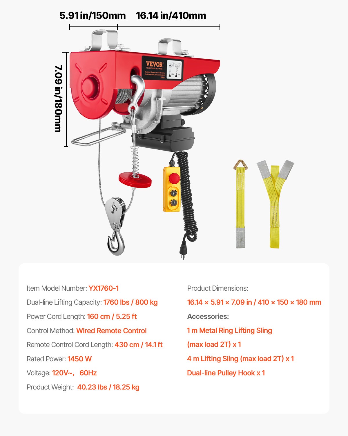 VEVOR Electric Hoist 1760lbs Crane Winch with Wired Remote Control 1450W 110V