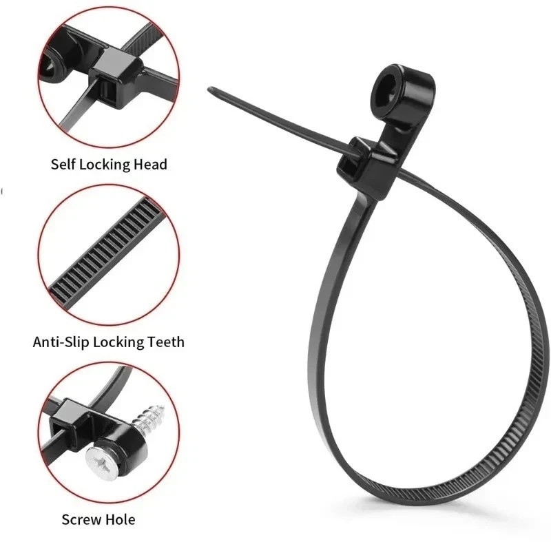 100PCS Nylon Cable Ties Screw Hole Mount Self Locking Wire Zip Ties Black Kit
