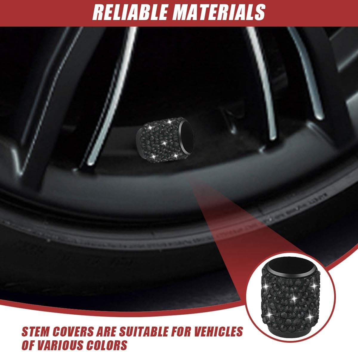 4PCS Handmade Bling Crystal Diamond Tire Valve Caps – Shiny Rhine Color: Black