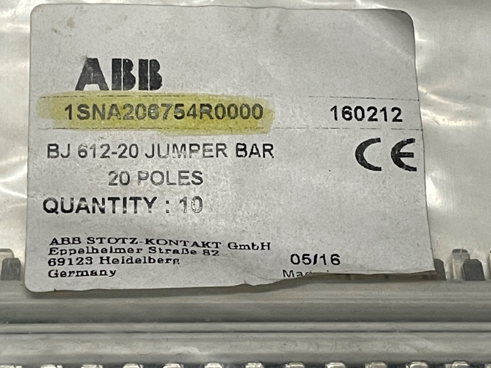 Bag of 10 ABB 1SNA206754R0000 BJ 612-20 Jumper Bar 20-Pole