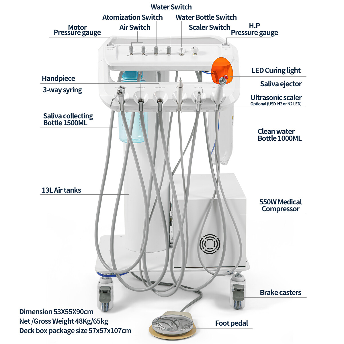 Portable Dental Mobile Delivery Unit Air Compressor Rolling Cart Suction System