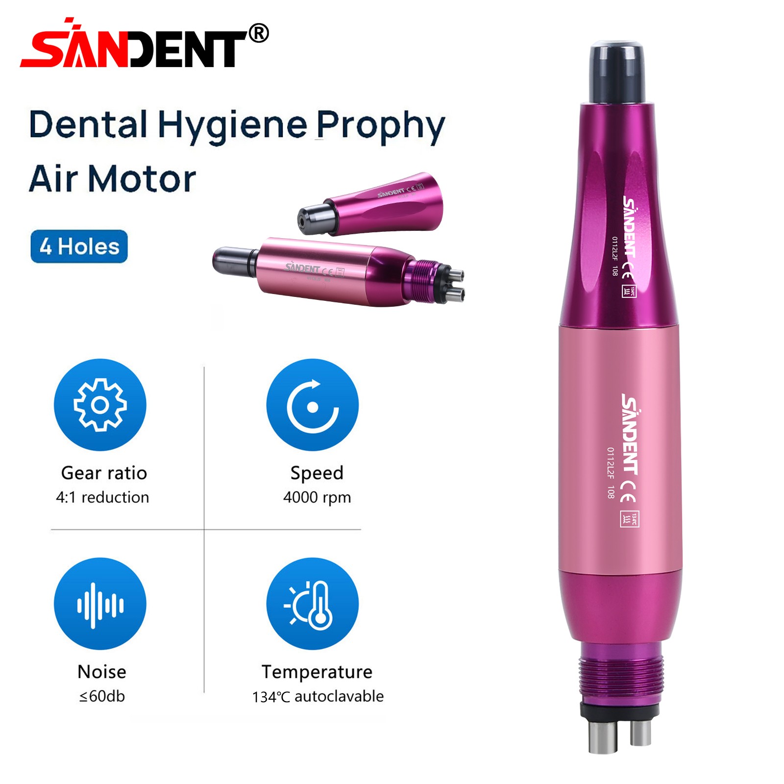 360° Swivel Dental Hygiene Prophy Handpiece Air Motor 4 Holes & 4:1 Nose Cone