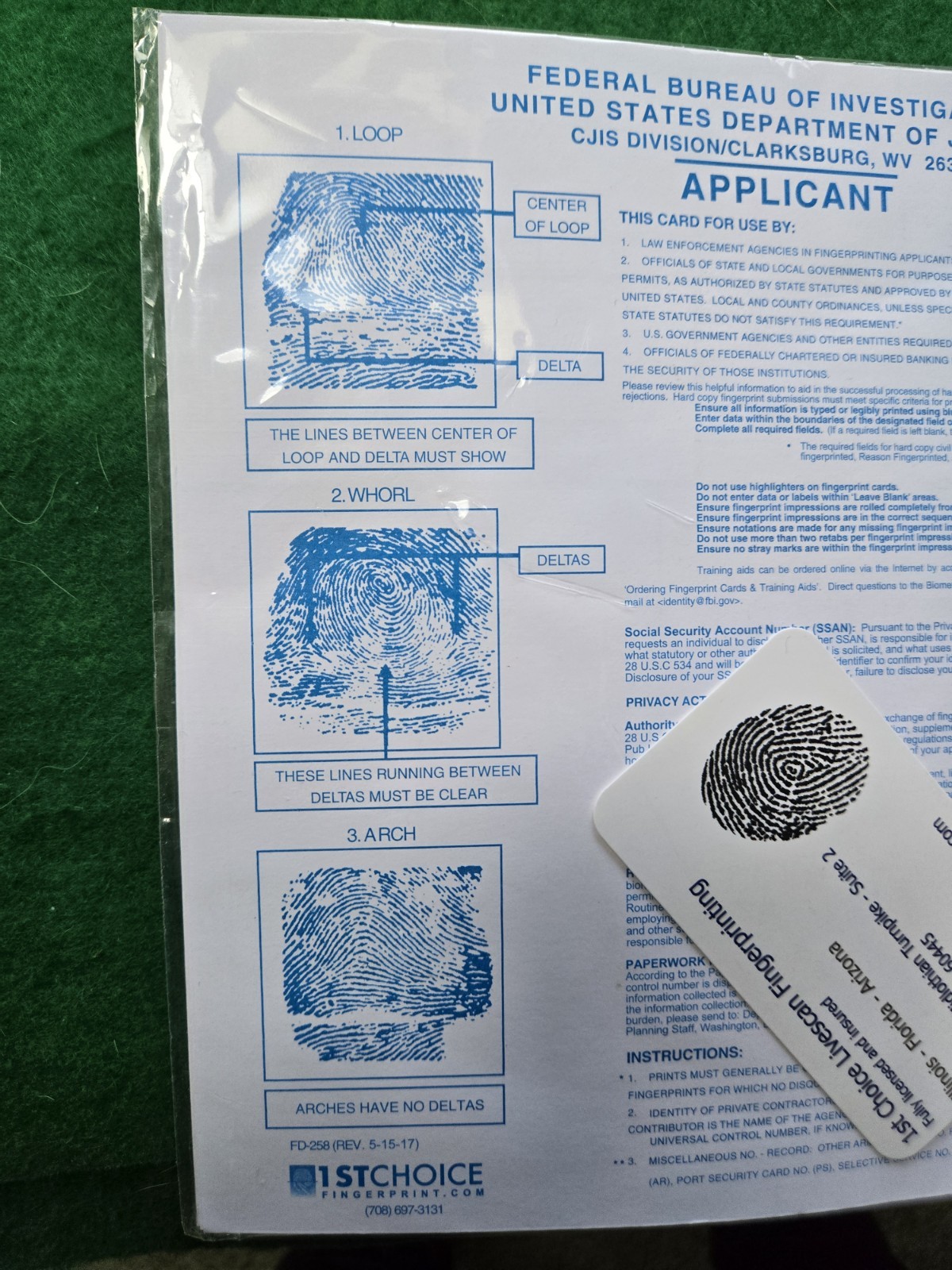 5 Fingerprint Cards FBI Applicant FD-258 1st Choice Livescan Fingerprinting NEW