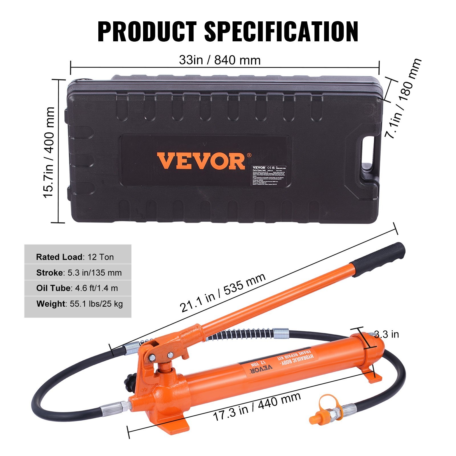 Hydraulic Ram Kit 12Ton Portable with Storage Case 4.6ft/1.4m Hose