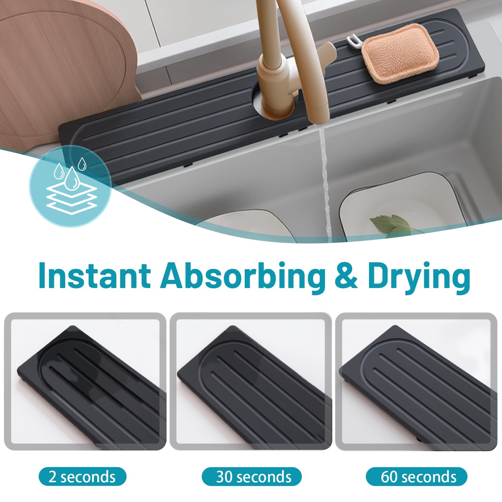 Fast Drying Stone Faucet Mat for Kitchen Sink 20″ x 4″, Dark Gray Style 1