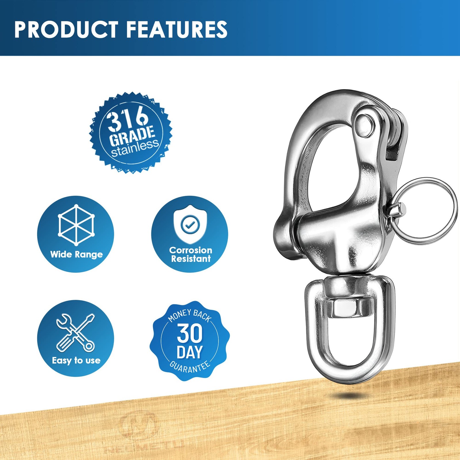 Necmetu Snap Shackle 316 Stainless Steel Swivel Shackle Sailing Halyard Quick
