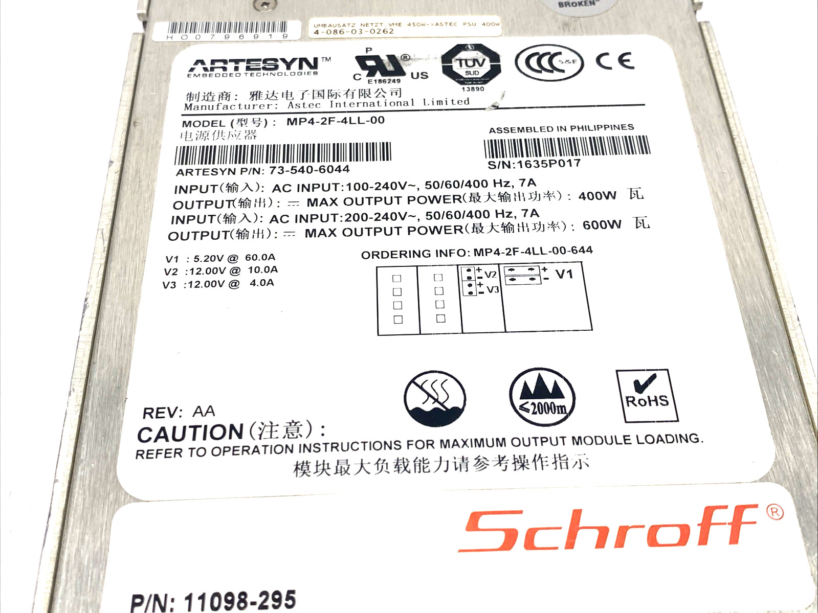 Artesyn MP4-2F-4LL-00 MVP AC/DC Converter 240VAC 5.2V 60A 12V 10A 12V 4A 600W