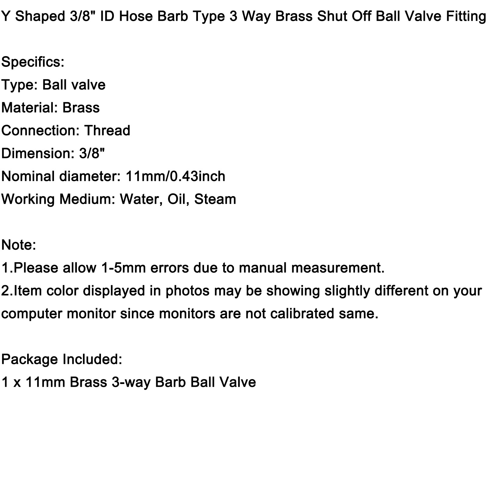 3/8″ Hose Barb Ball Valve Y Shaped 3 Way Connector Barb Brass Fitting OD 11mm US