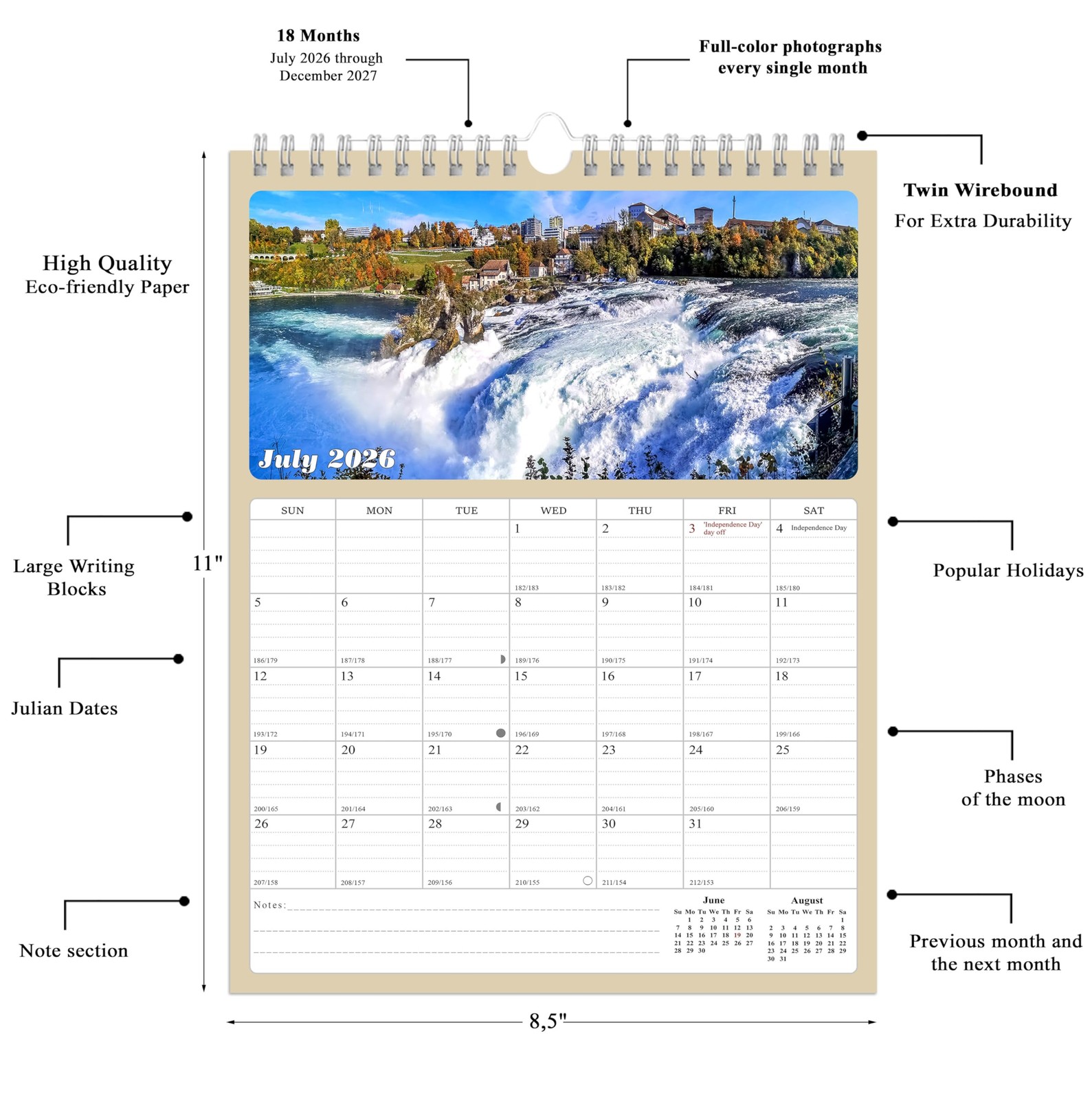 2026-2027 Wall Calendar Spiral-bound Twin-Wire Binding – 18 Months multicolor