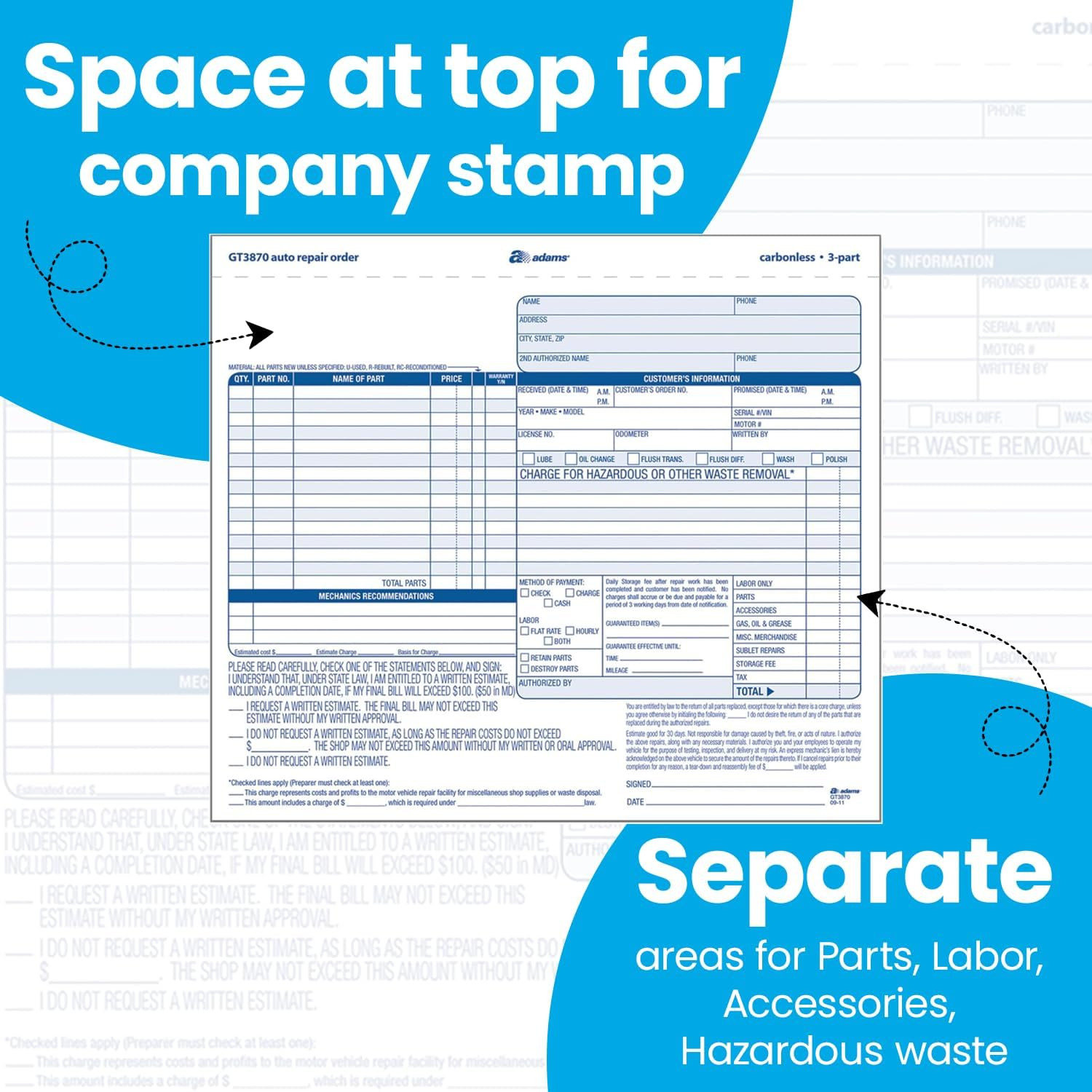 Adams Auto Repair Order Forms, 8.5 X 7.44 Inch, 3-Part, Carbonless, 50-Pack, Whi