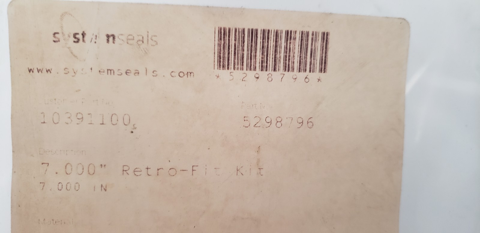 SYSTEMS SEALS 5298796 ROD SEAL KIT, 7.000″ RETRO FIT KIT, NIB