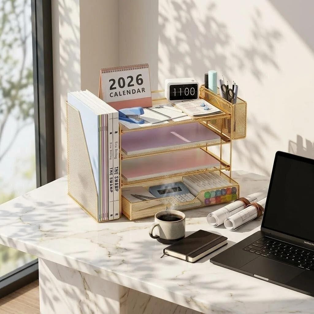 Desk Organizers and Accessories, 4-Tier Desktop File Organizer with Drawer and P