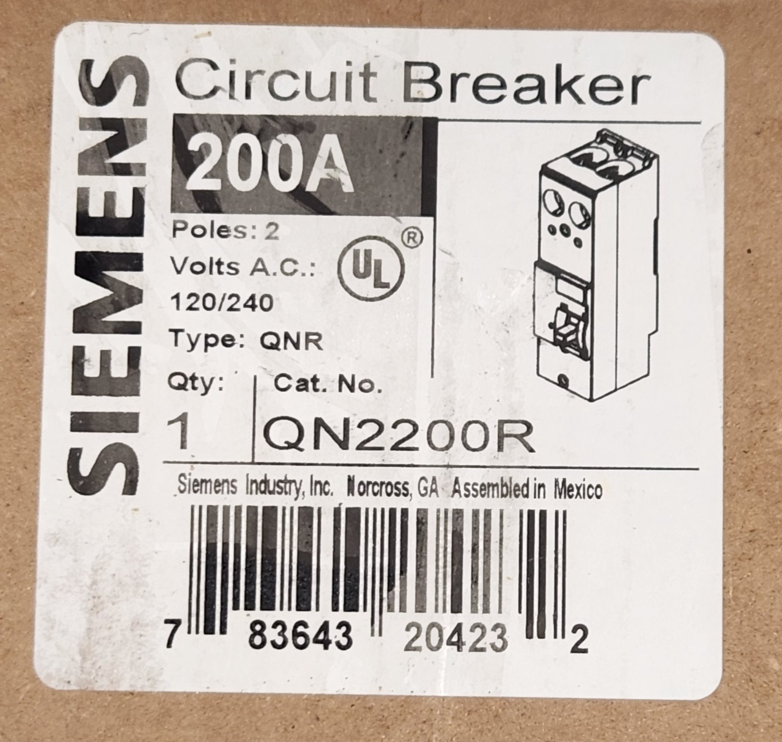 Siemens 200 Amp 2-Pole 10kA Type QN Reverse Handle Main Breaker QN2200R *