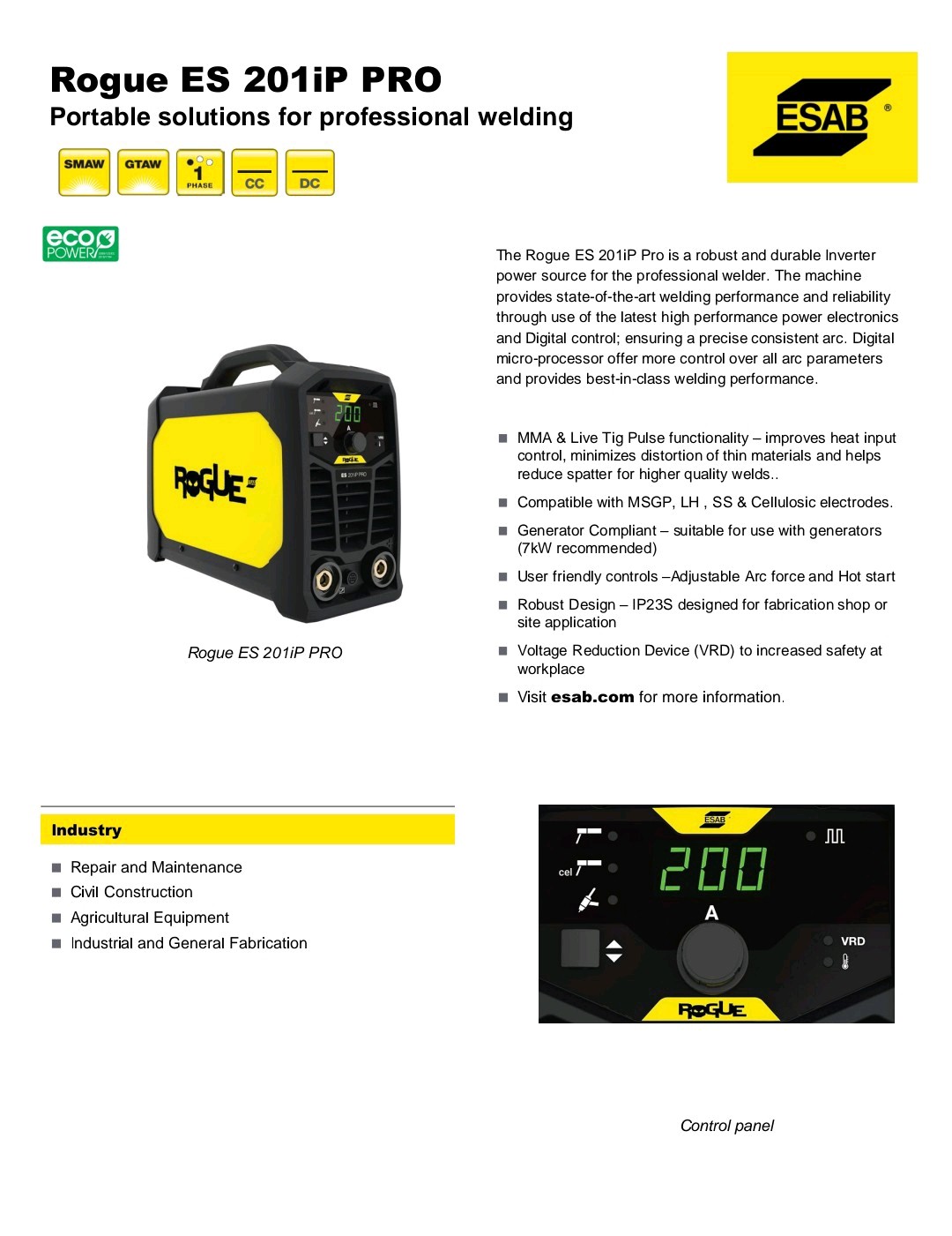 Esab Rogue Es 201ip Pro durable power source 230/115.