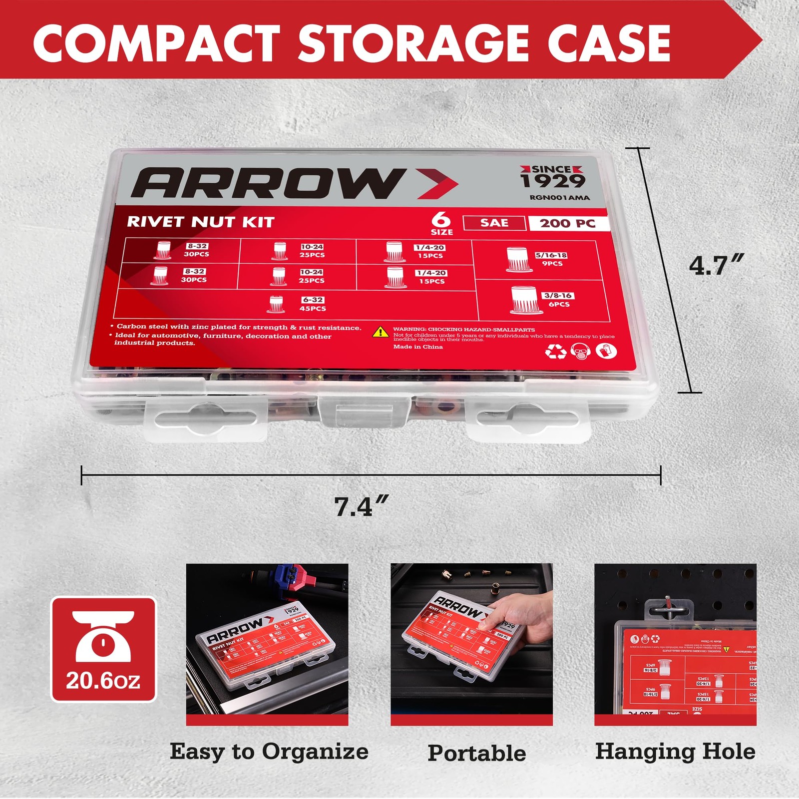 Arrow Rivet Nut Kit, 200pcs SAE High Carbon Steel Zinc Plated Rivnut Assortmen