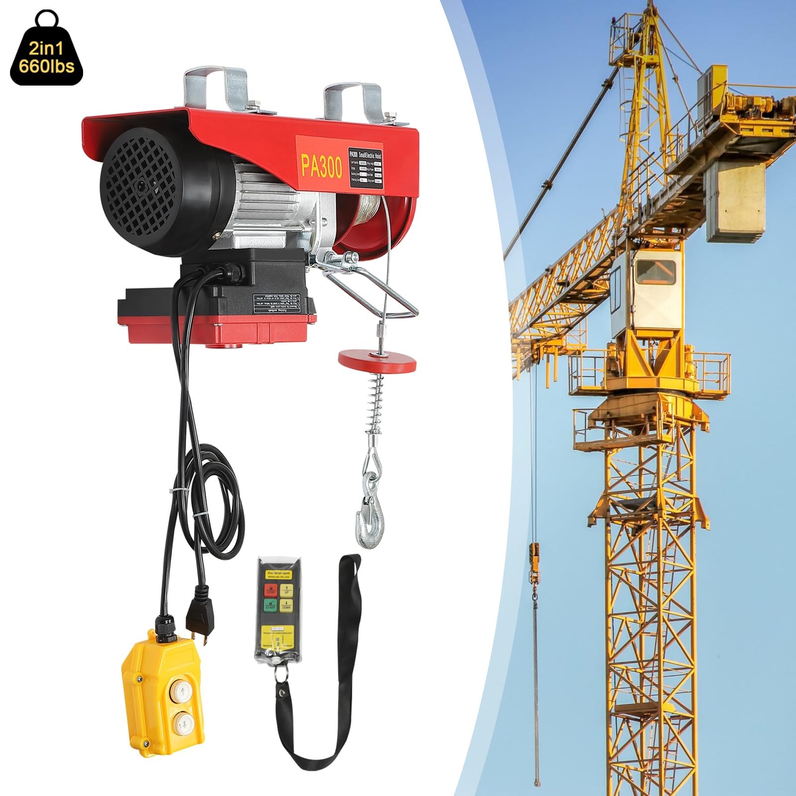 660LBS Electric Hoist with Wireless Controller and Slings 110V 650W 20-39 FT