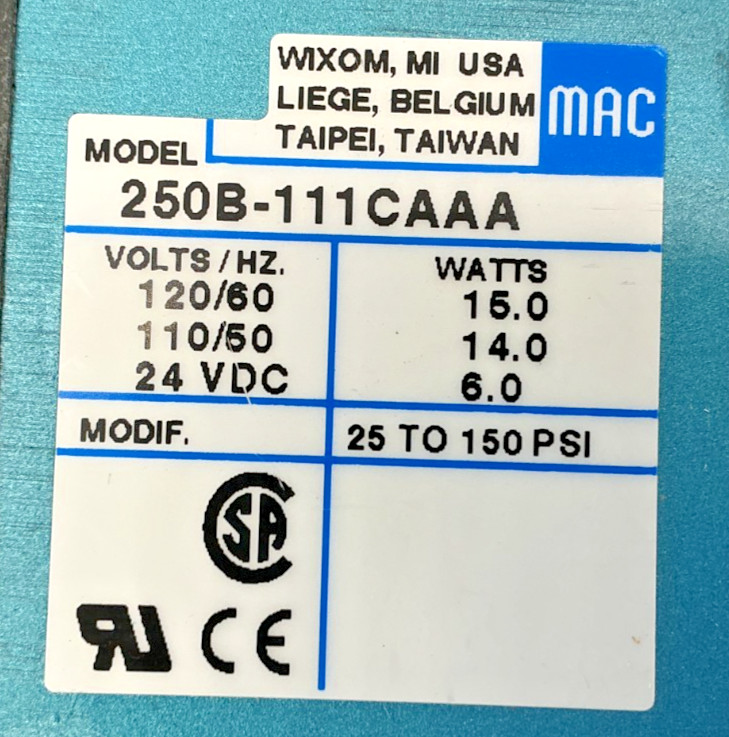 New MAC Valves 250B-111CAAA Solenoid Valve 15W 24VDC 150PSI 110/120V 250B-111CA