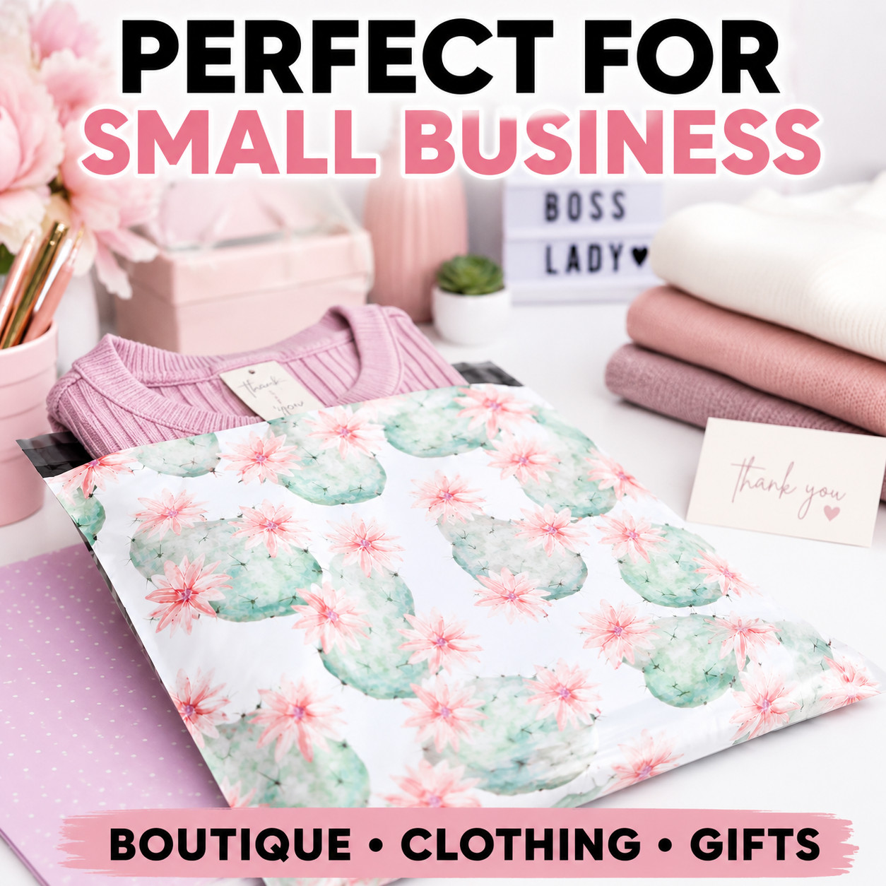 Flowering Cactus Poly Mailers 10×13 Designer Shipping Bags Self Seal Boutique
