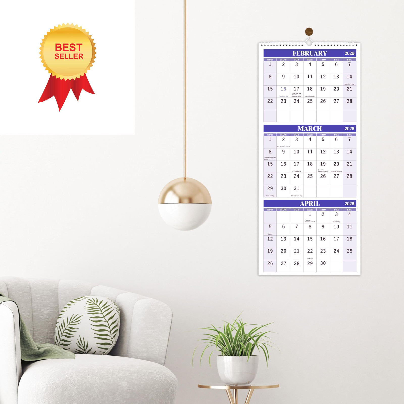 2026 Wall Calendar – 3 Month Display (Folded in a Purple