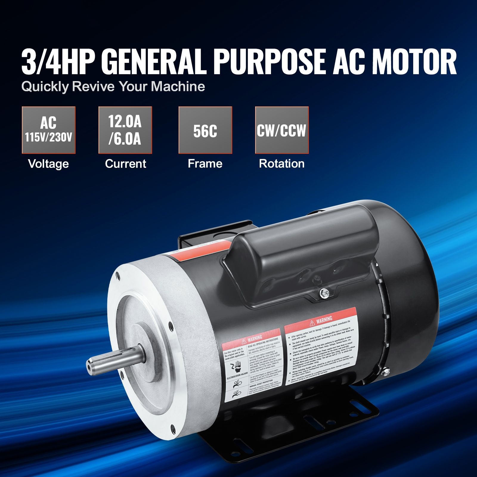 0.75HP Electric Motor 1725 rpm,AC 115V/230V,56C Frame,Air Compressor Motor