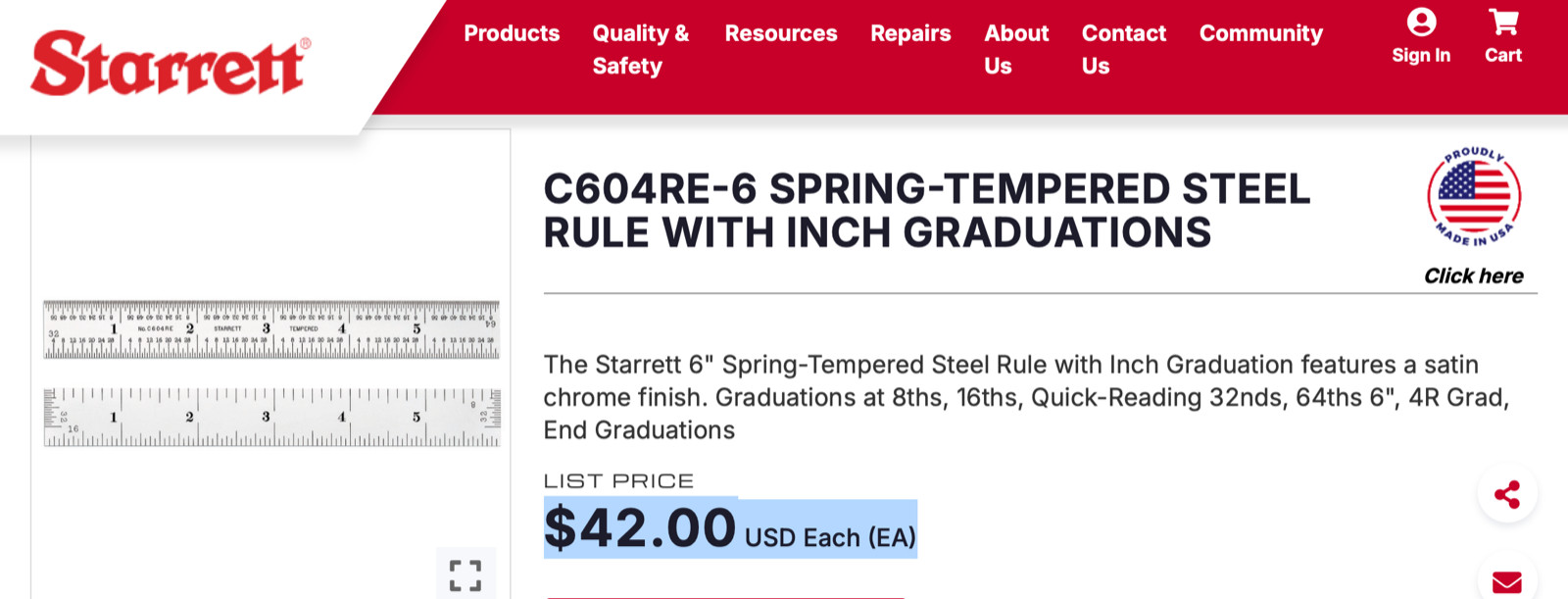 STARRETT No.C604RE-6 6” Long Spring-Tempered Steel Rule W/Inch Grad. USA Made