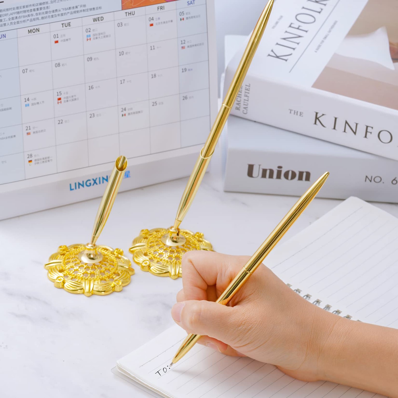 2Pcs Gold Wedding Pen and Metal Pen Stand Holder Set Signing Desk Ballpoint Pens
