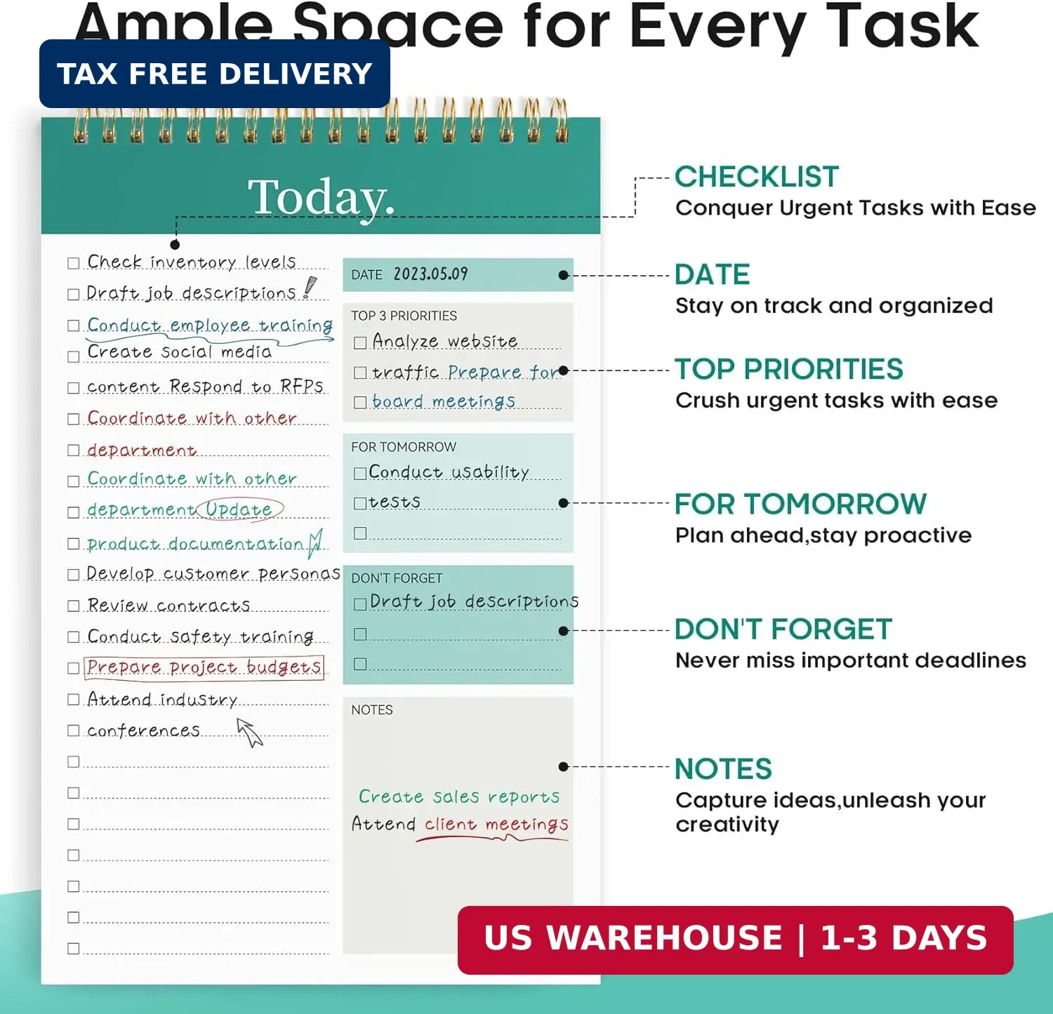 Taja To Do List Notepad, Undated Daily Planner for Work and Goal Setting | Green