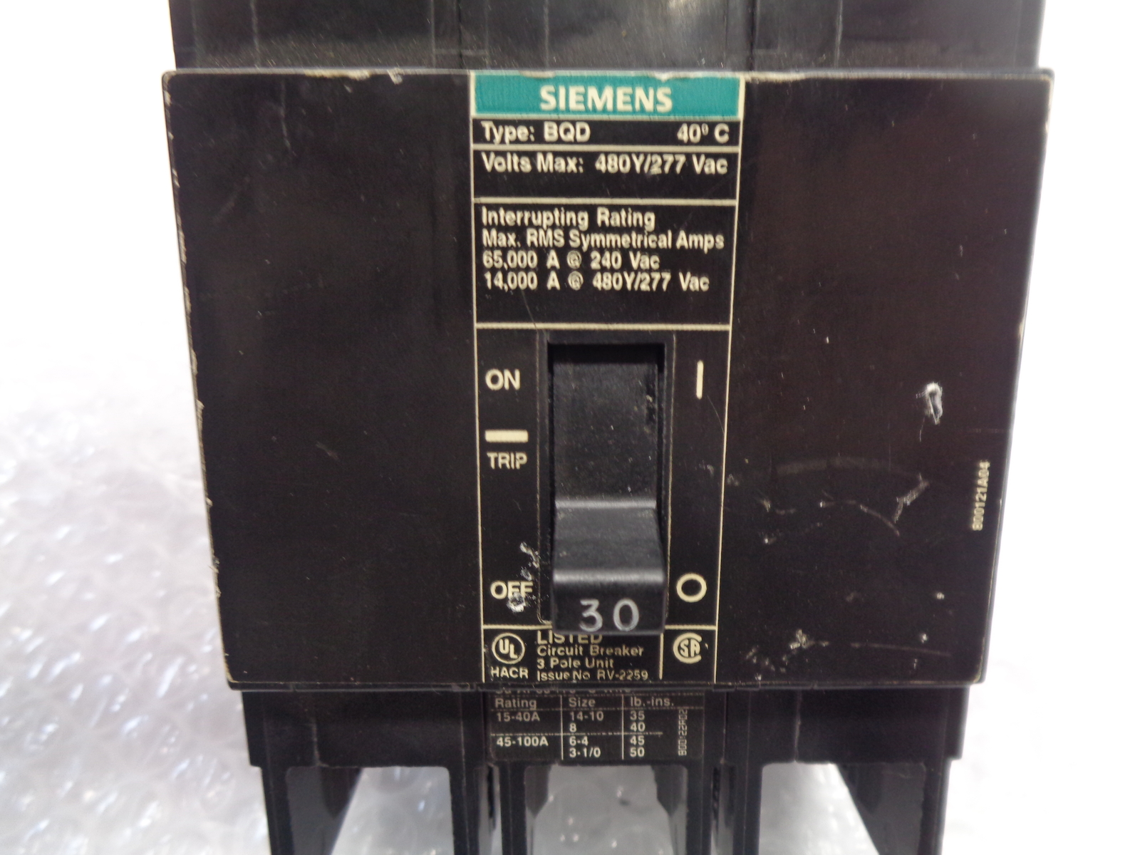 SIEMENS BQD330 BREAKER 3POLE 30AMP NSNP