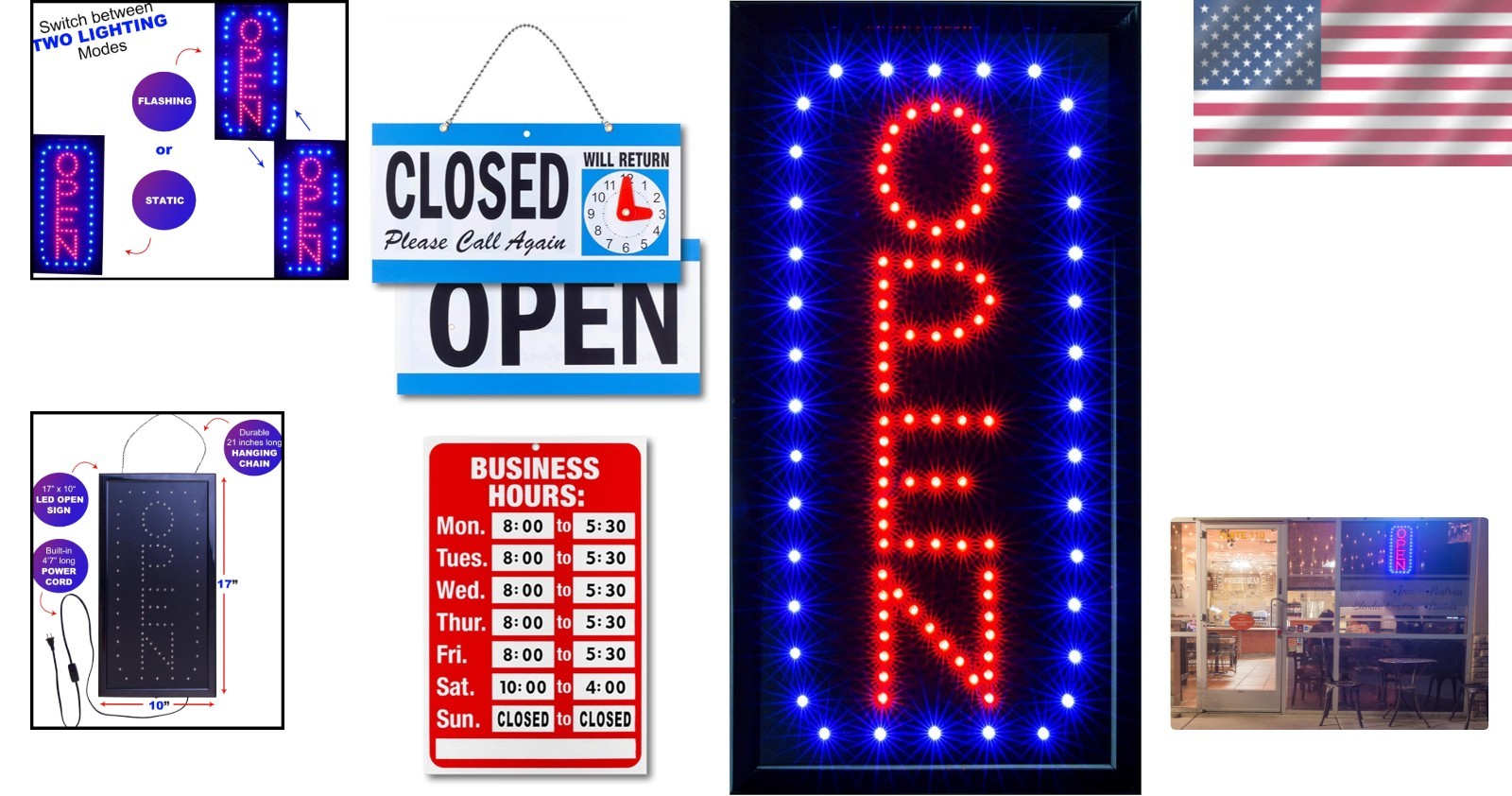 LED Open Sign with Flashing Mode: Business Hours Included