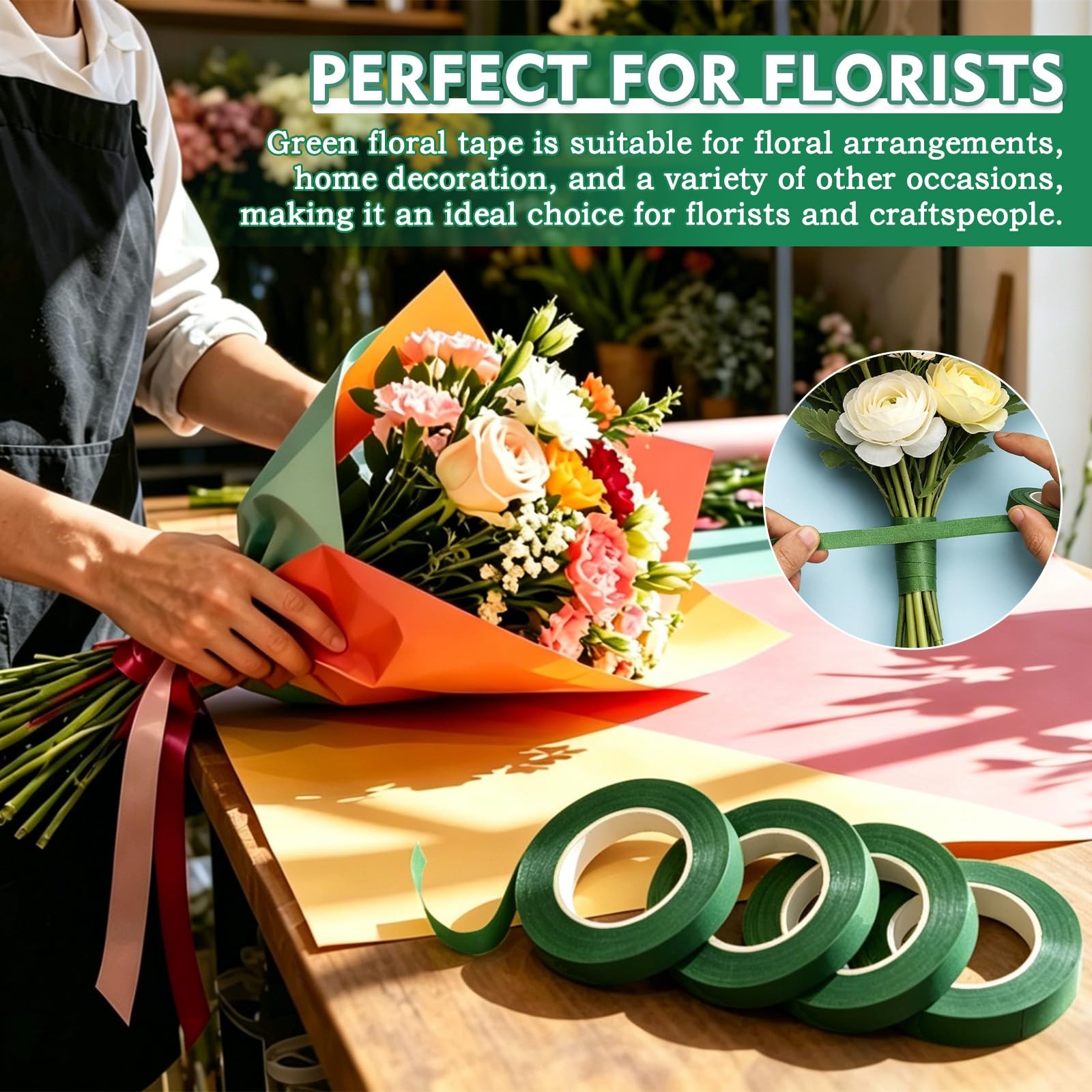 8 Rolls Dark Green Floral Tape, 1/2 Inch Wide 240 Yard Florist Tape, Waterpro…