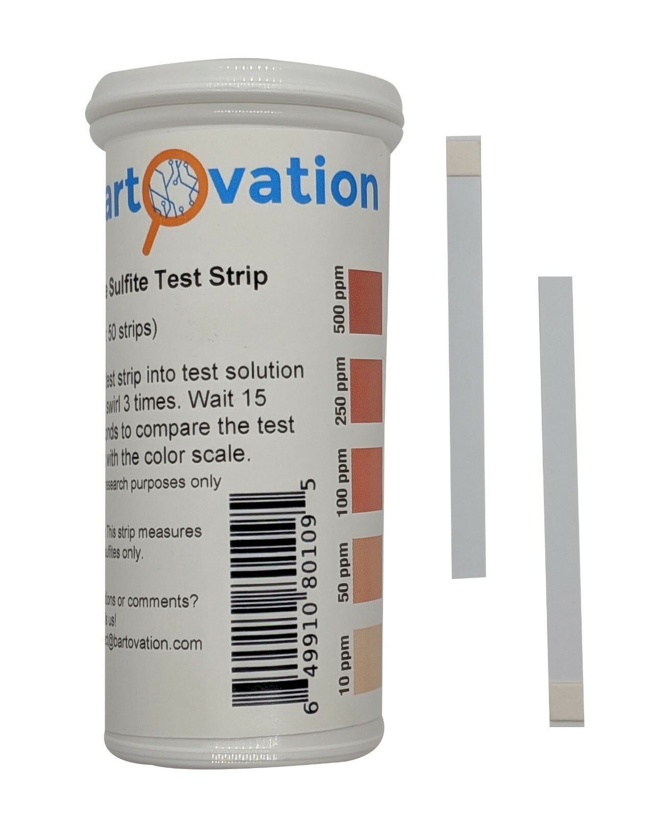 Free Sulfite Test Strips, 10-500 ppm [Vial of 50 Plastic Strips]