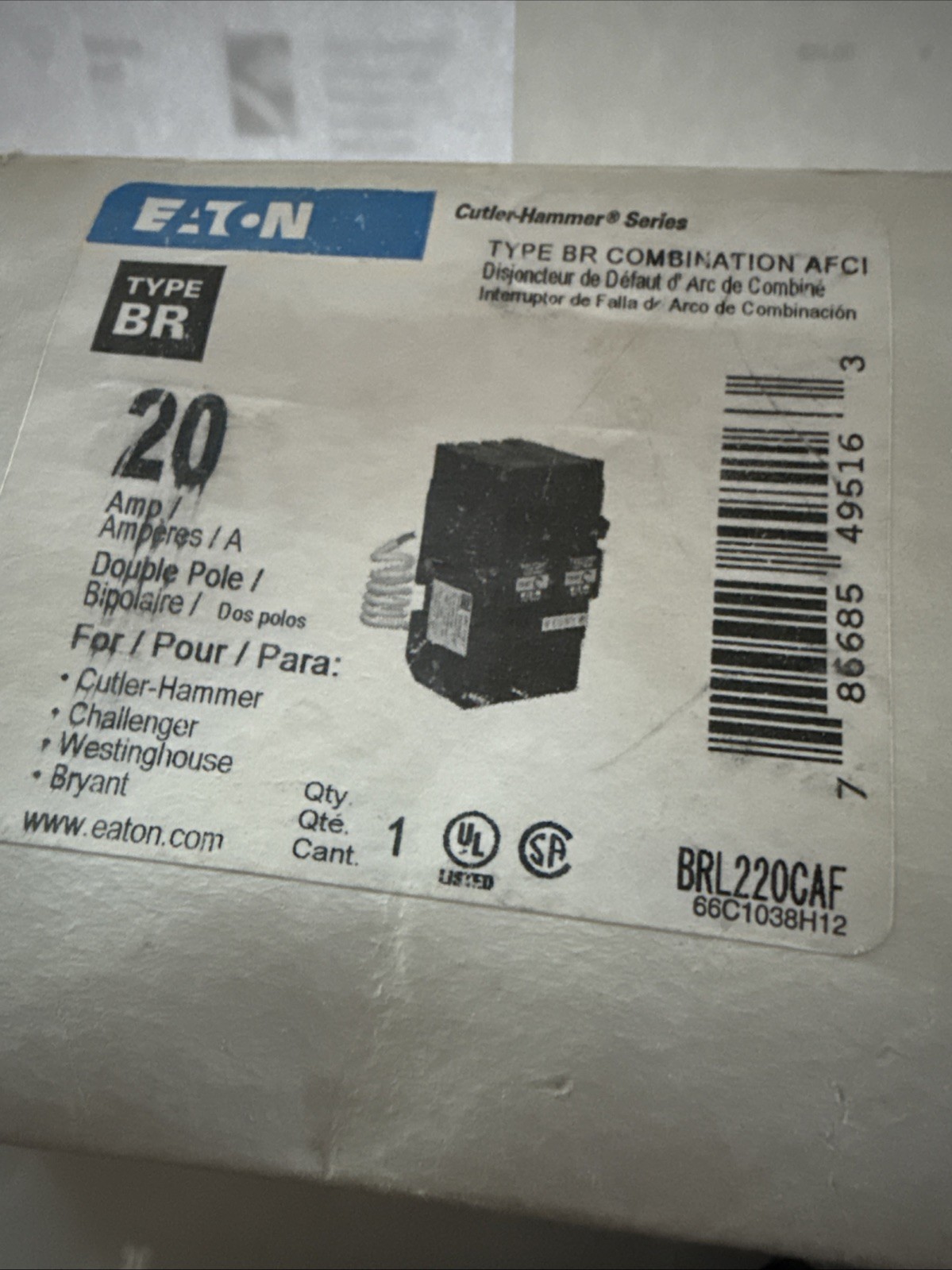 NEW Eaton BRL220CAF Arc Fault Circuit Breaker AFCI 2 POLE 20 AMP 120/240 V