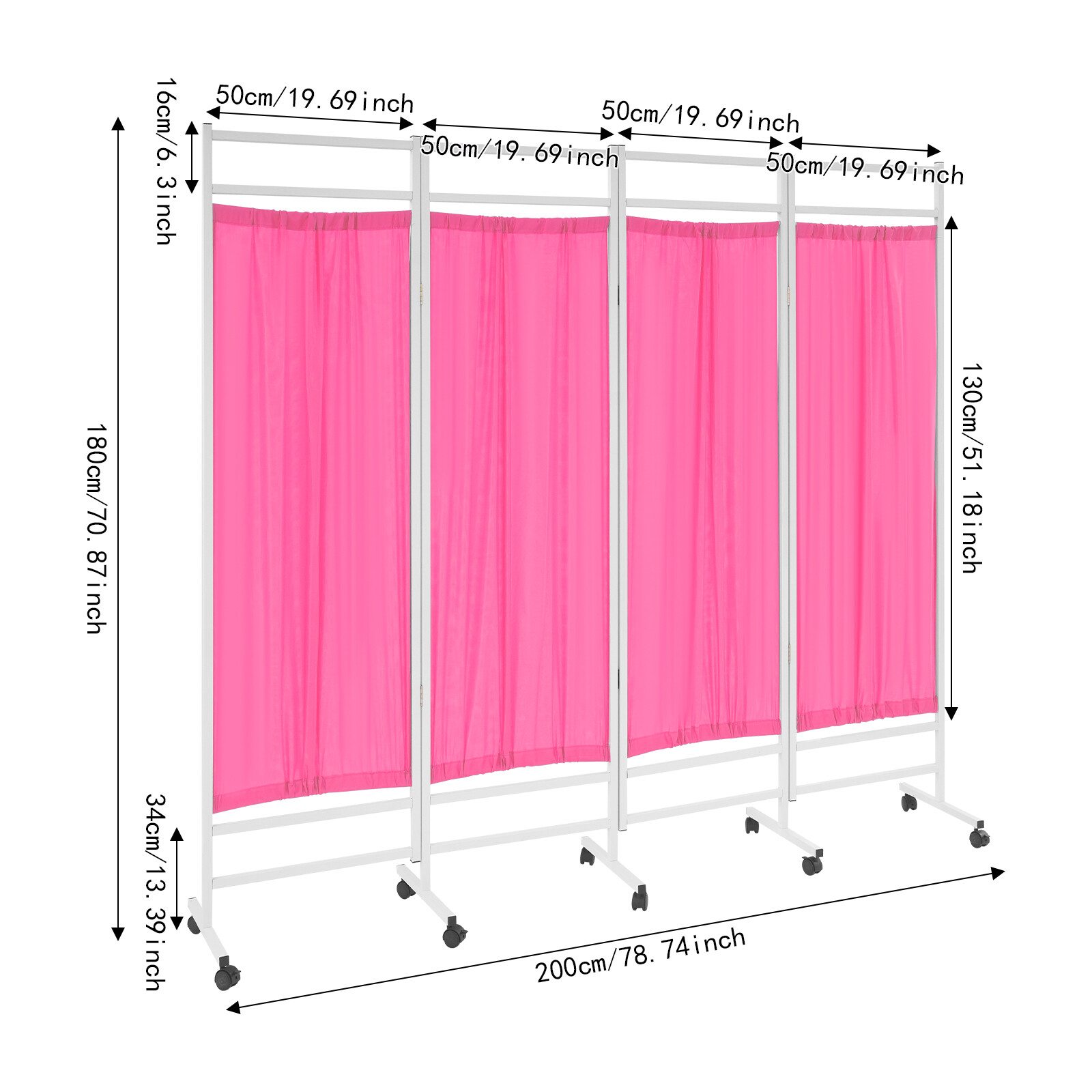 4 Panels Foldable Medical Room Divider Portable Medical Privacy Screen Pink