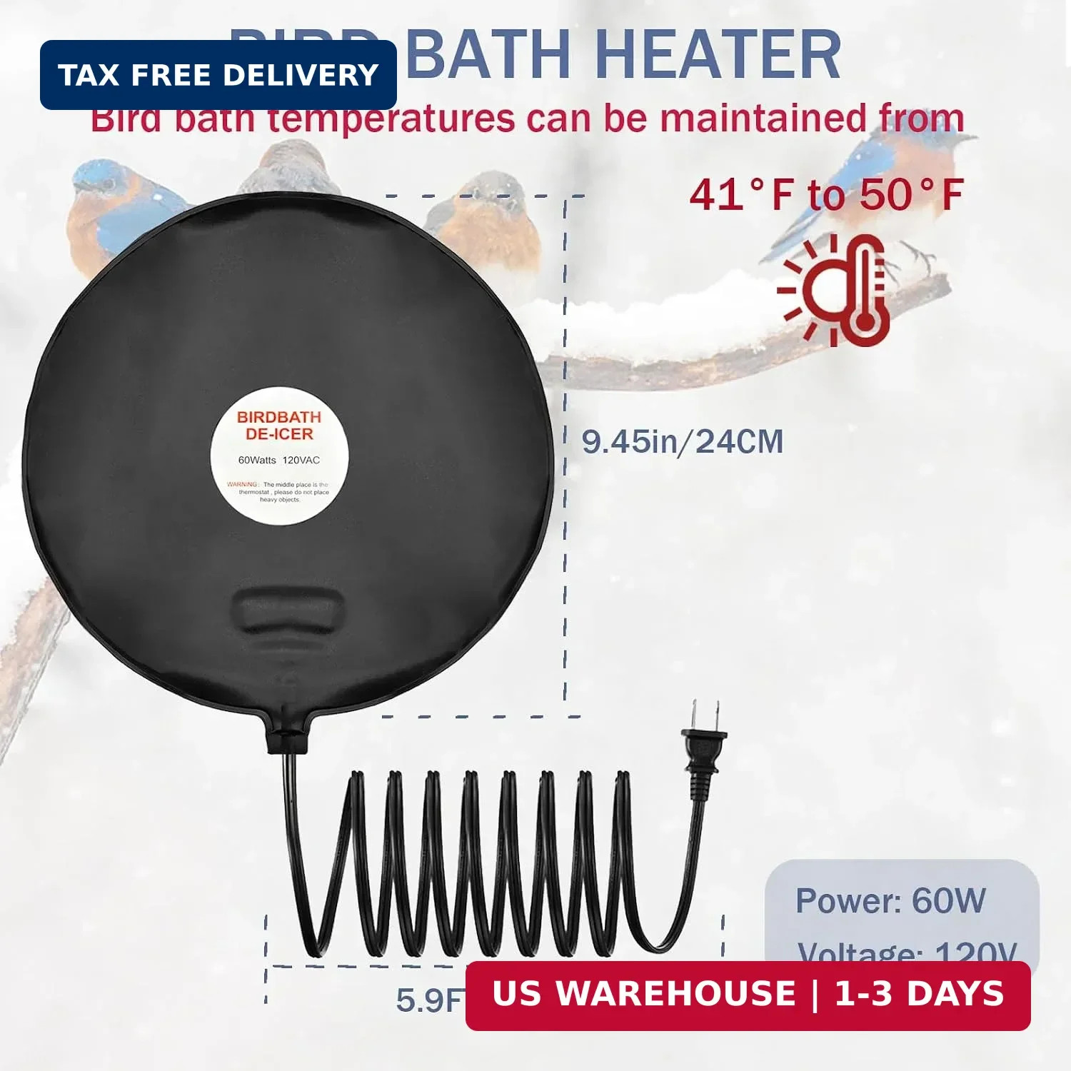 Bird Bath De Icer 60w Deicer 9.45-inch Submergible Utility with Thermostatic Con