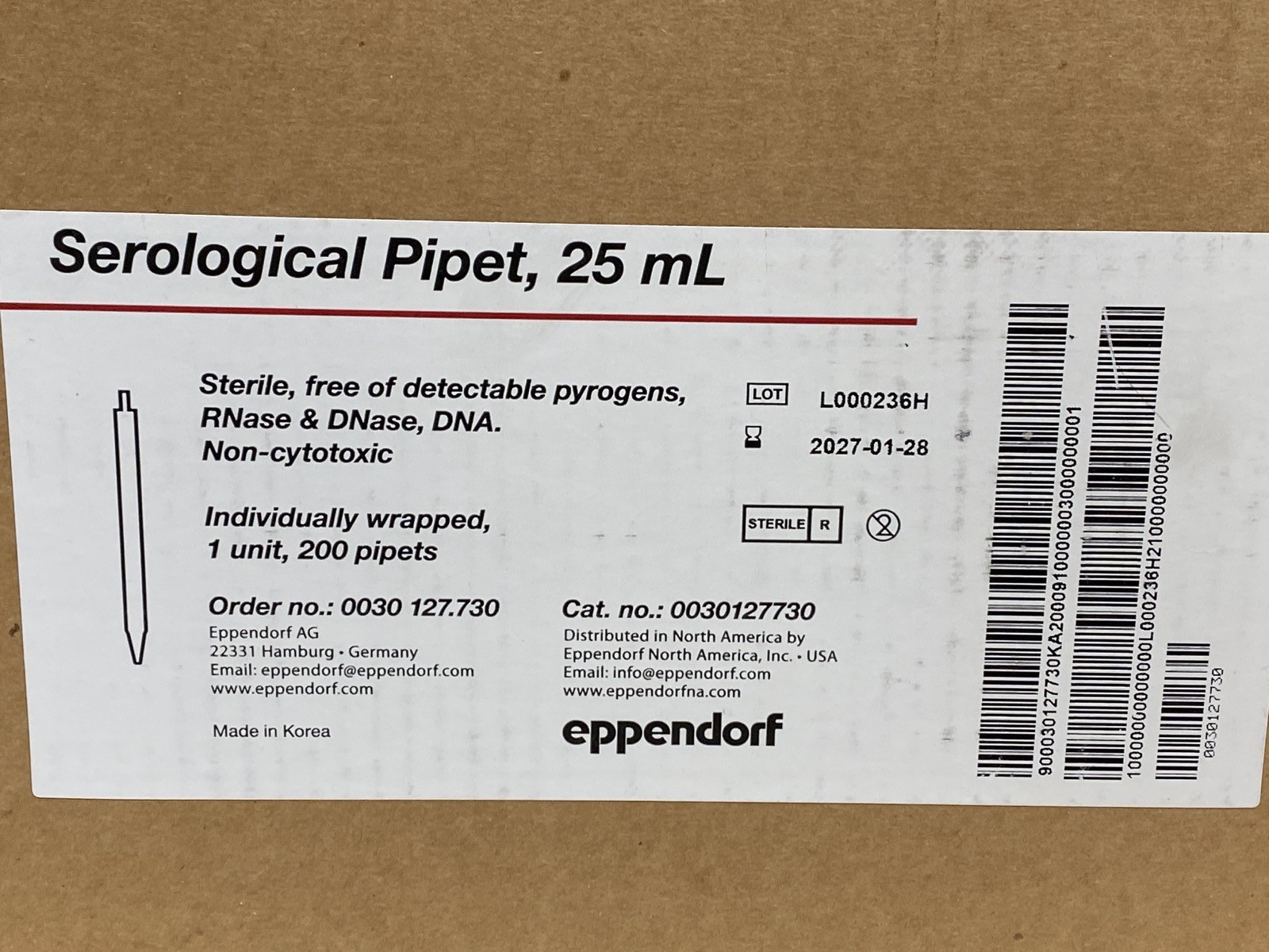 (200/Cs) EPPENDORF 25mL PS Serological Pipettes Individual Wrap 0030127730