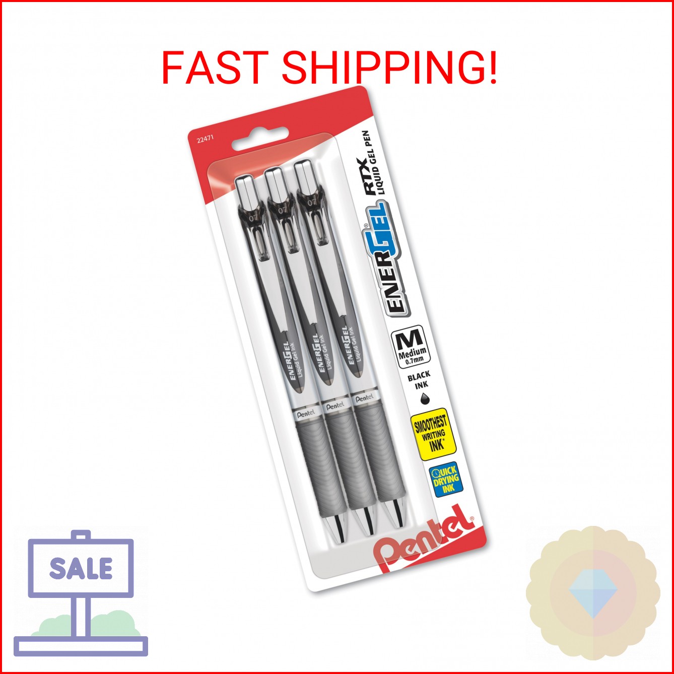 Pentel EnerGel RTX Liquid Gel Ink Pens, (0.7mm), Medium Line, Black Ink, Pack of