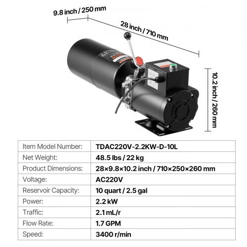 Hydraulic Pump Power Unit, AC 220V, 10 Quart Single Acting Hydraulic Unit, 6.3 L