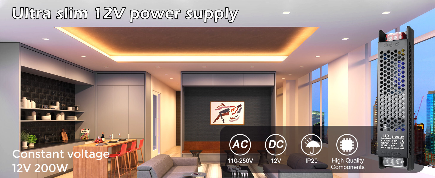 12V 200W 16.6A LED Driver Slim Constant Transformer Power Supply AC/DC Adapter